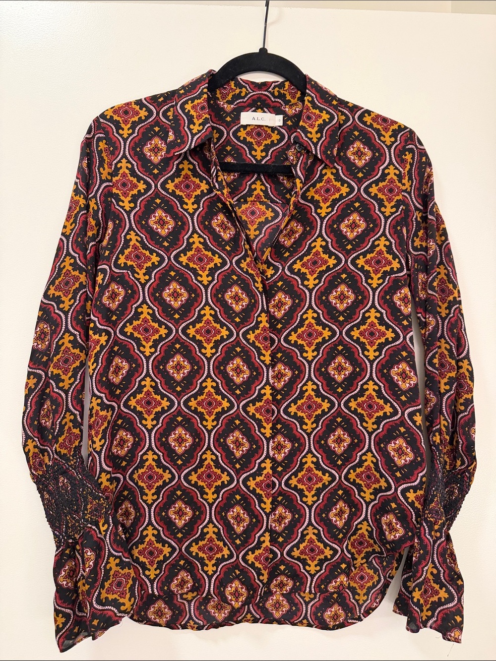 A.L.C. Aubrey Print Silk Printed Blouse Burgundy Gold Medallion Size 0